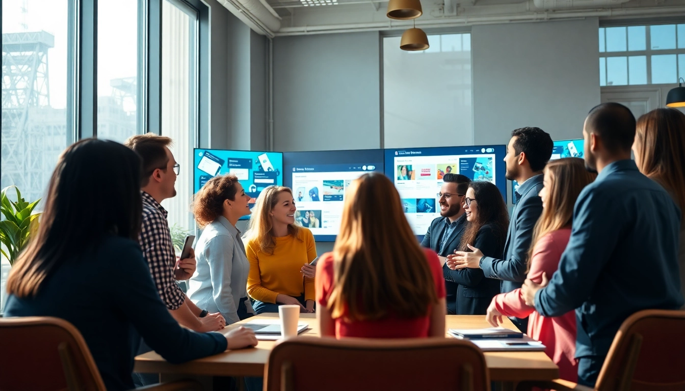 Creating engaging social media ads with a diverse team in a bright, modern office setting.
