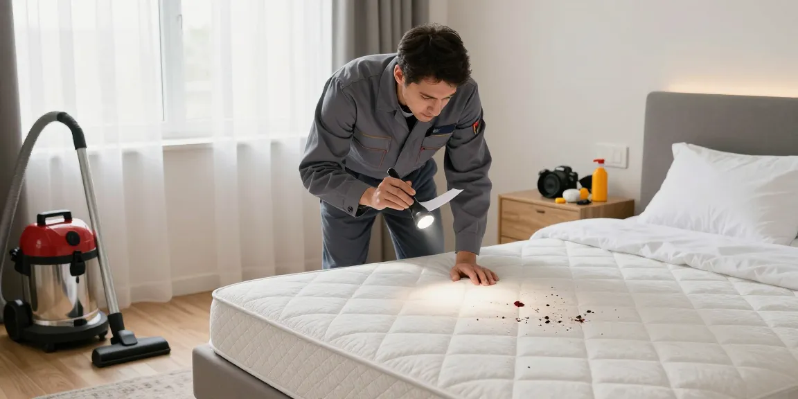 Professional bed bug exterminator inspecting bedroom for infestation signs with tools and notes.
