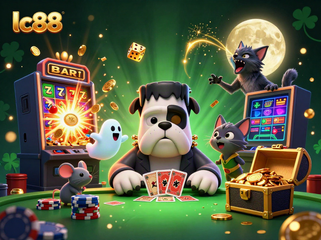frankenstein bulldog engaging players at lc88 casino table amidst gold coins and jackpots