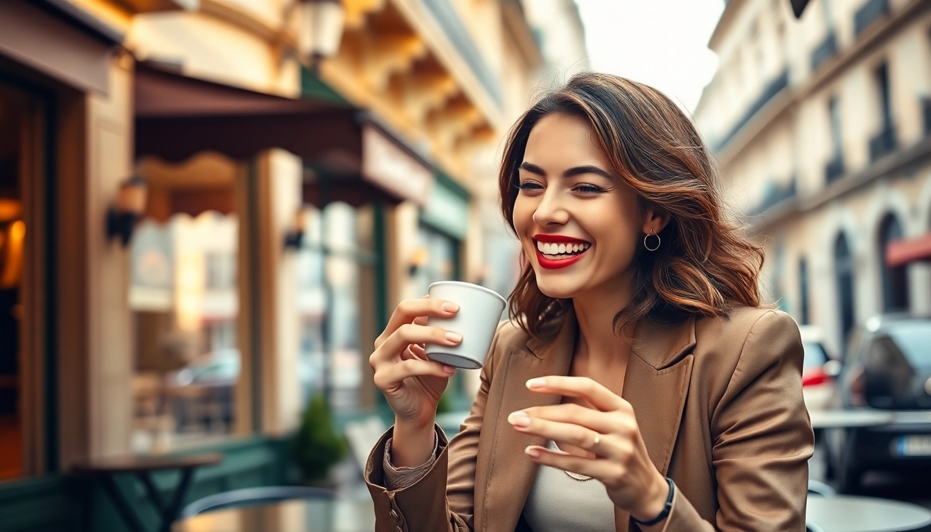 Mademoisele enjoying coffee in a Parisian café, radiating charm and elegance.