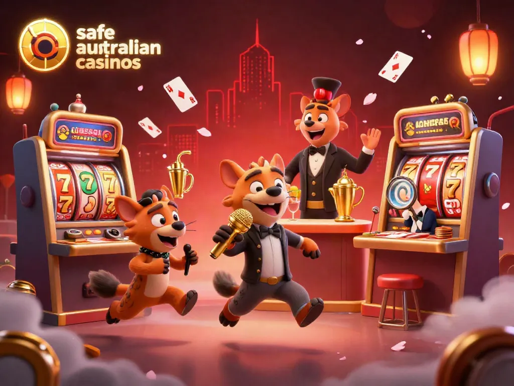 Engaging scene showcasing safe australian casinos with hyenas as entertainers in a vibrant casino club atmosphere.
