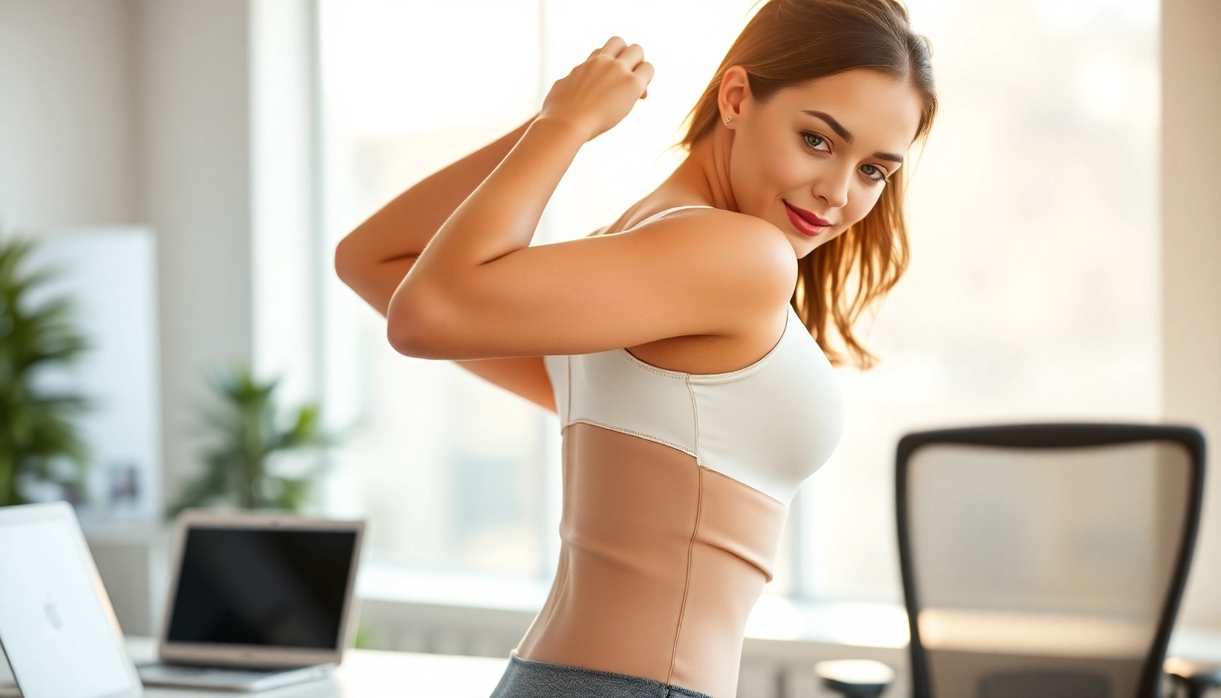 Enhance your posture with this stylish posture garment worn by a confident model.