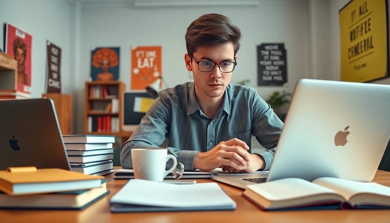 Mastering online exam assistance with focused student in modern study space.
