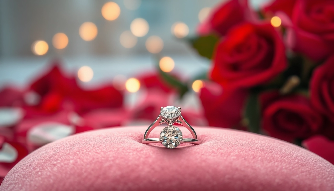 Showcase sparkling Valentine’s Day diamond ring gifts on a velvet cushion with rose petals.