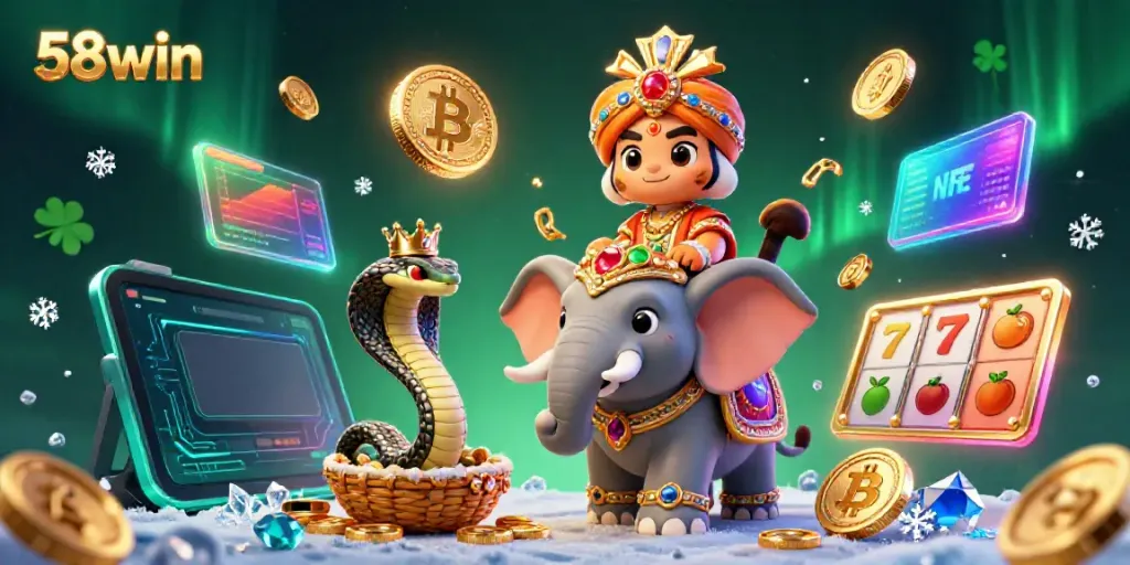 Engage with thrilling 58win gaming adventure featuring a royal tiger, elephant, and crypto riches.