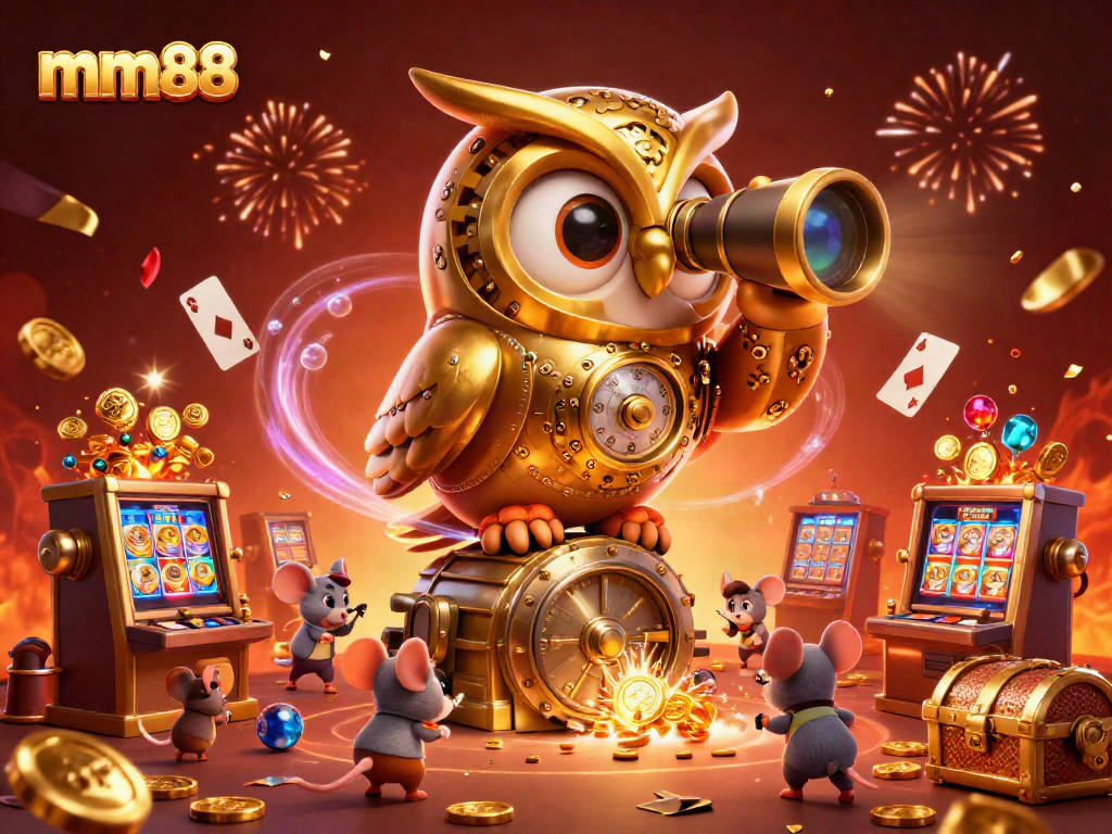 Engage with mm88 through a vibrant 3D casino scene filled with golden treasures and exciting games.