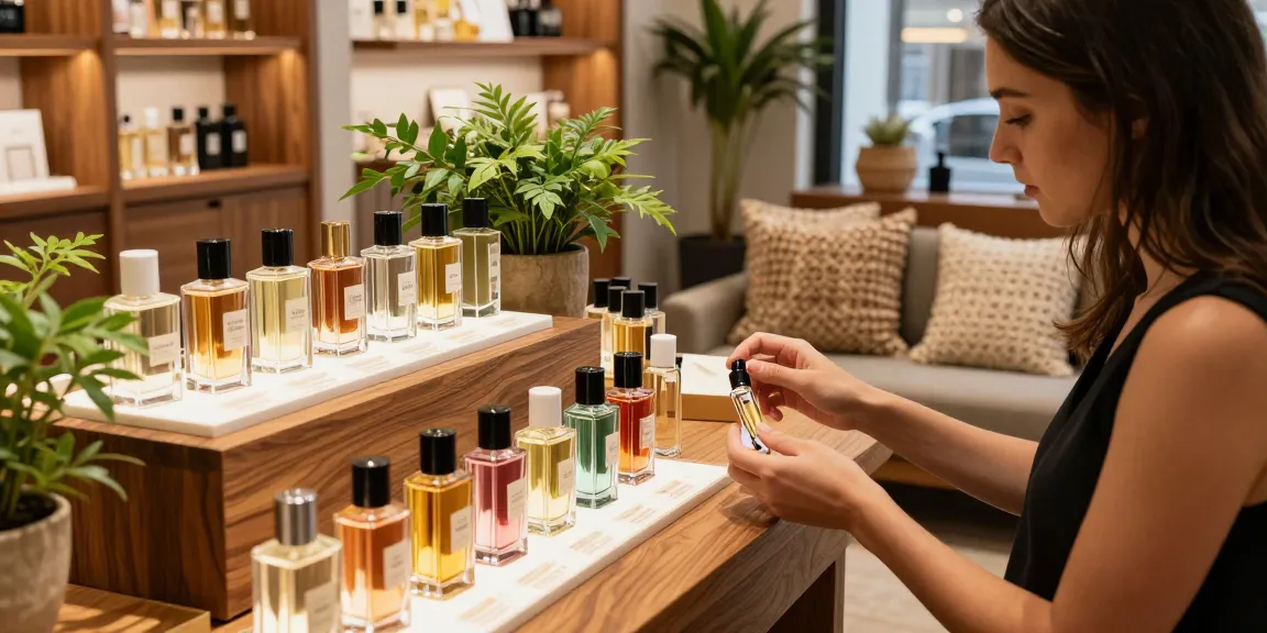 Goldfield & Banks luxurious perfume boutique with unique scents displayed and a shopper exploring fragrance samples.