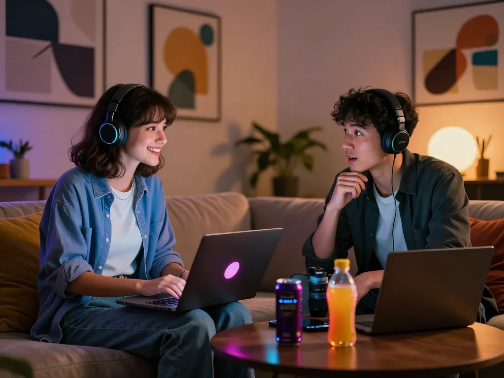 Engaged users exploring nsfw ai chat in a cozy modern lounge with laptops and vibrant energy drinks.