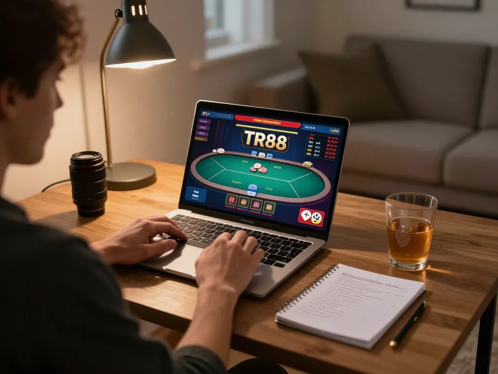 Engaging gameplay at TR88 online casino with a player strategizing in a cozy home office.