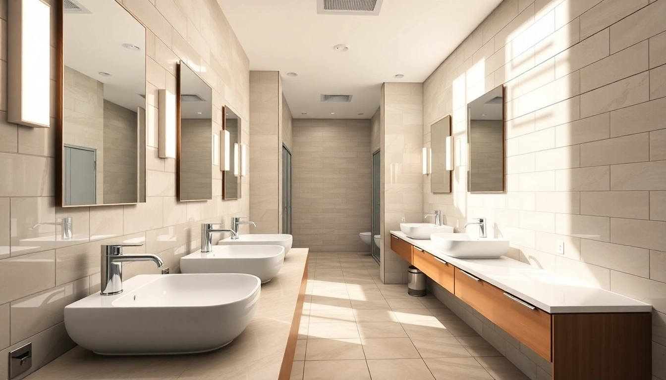 Elevating commercial washroom refurbishment with modern fixtures and bright, inviting atmosphere.