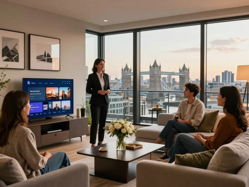 Engaging airbnb management london scene in a stylish London apartment showcasing property features and manager interactions.