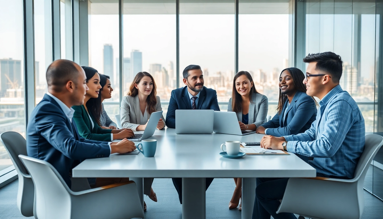 Business team discussing how to register LLC in the US in a modern office.
