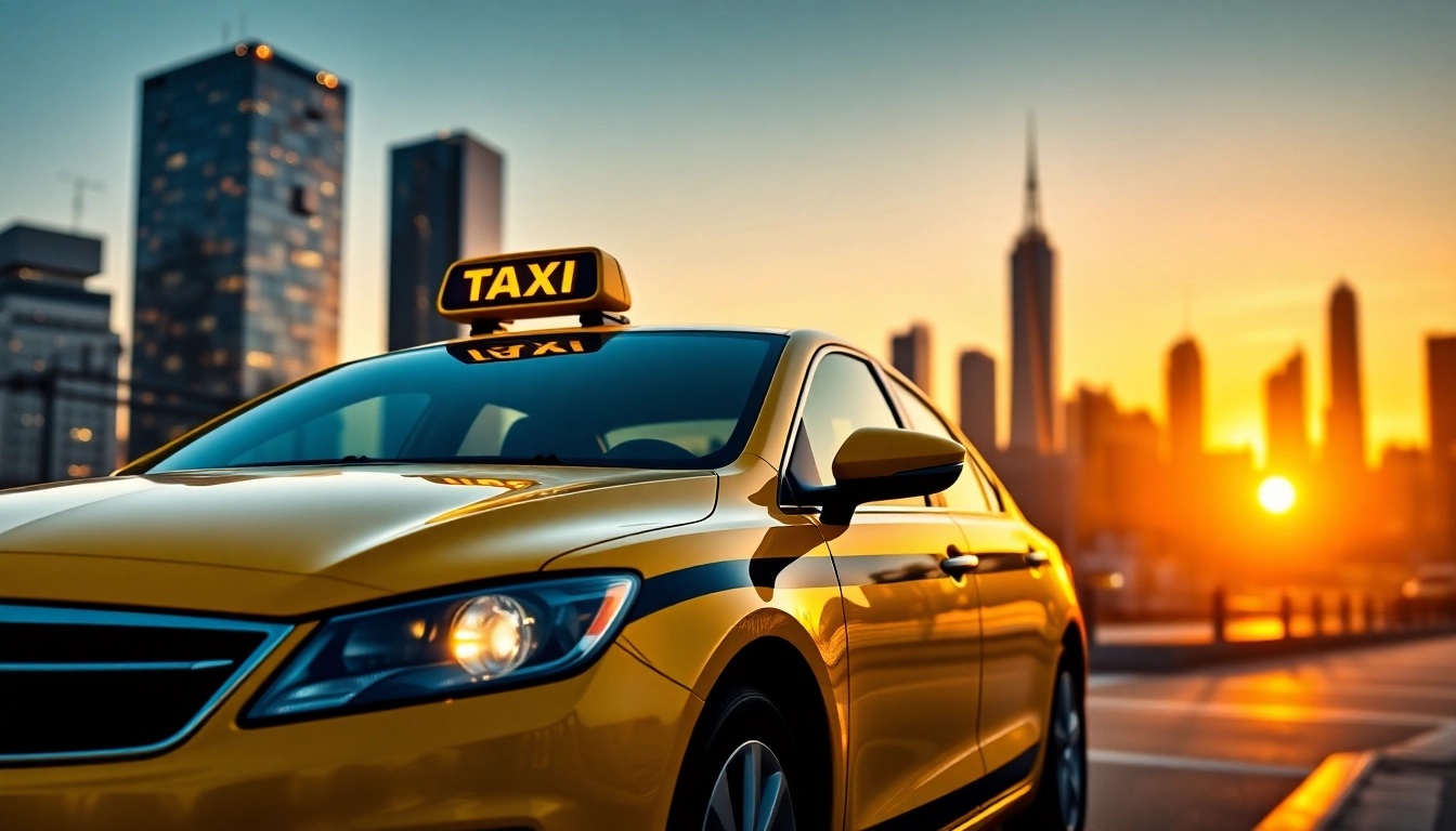 Taxi parked against a stunning city skyline at sunset, showcasing urban vibrance.
