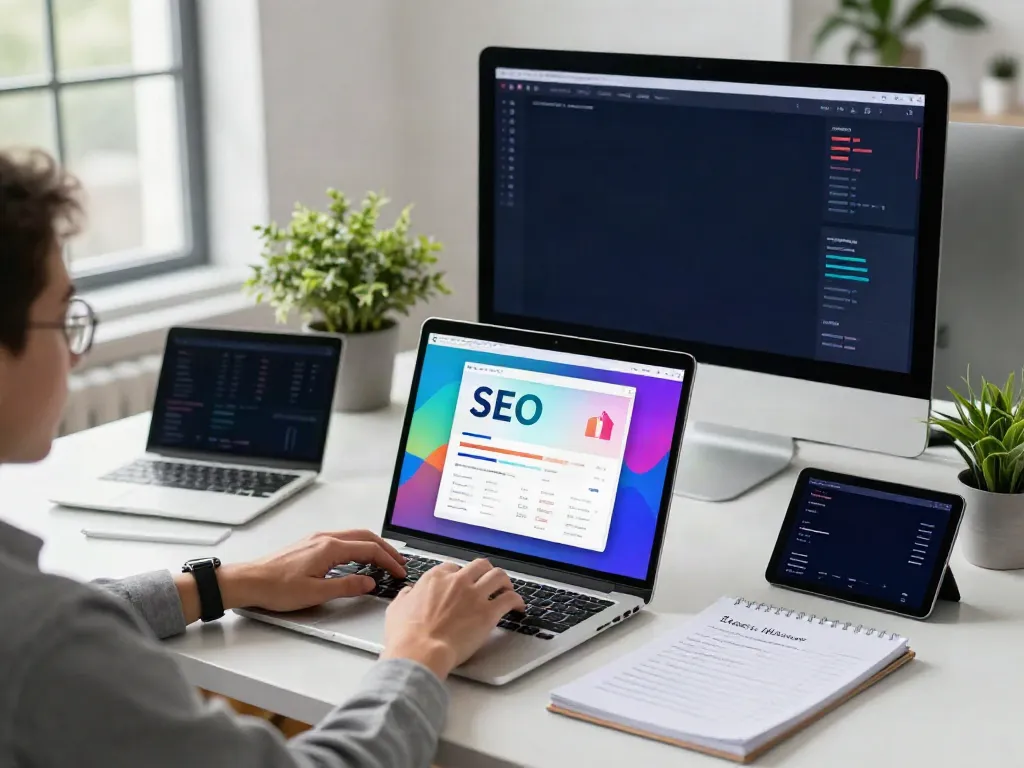 Professional workspace showcasing instant indexing strategies in SEO with modern tech tools.