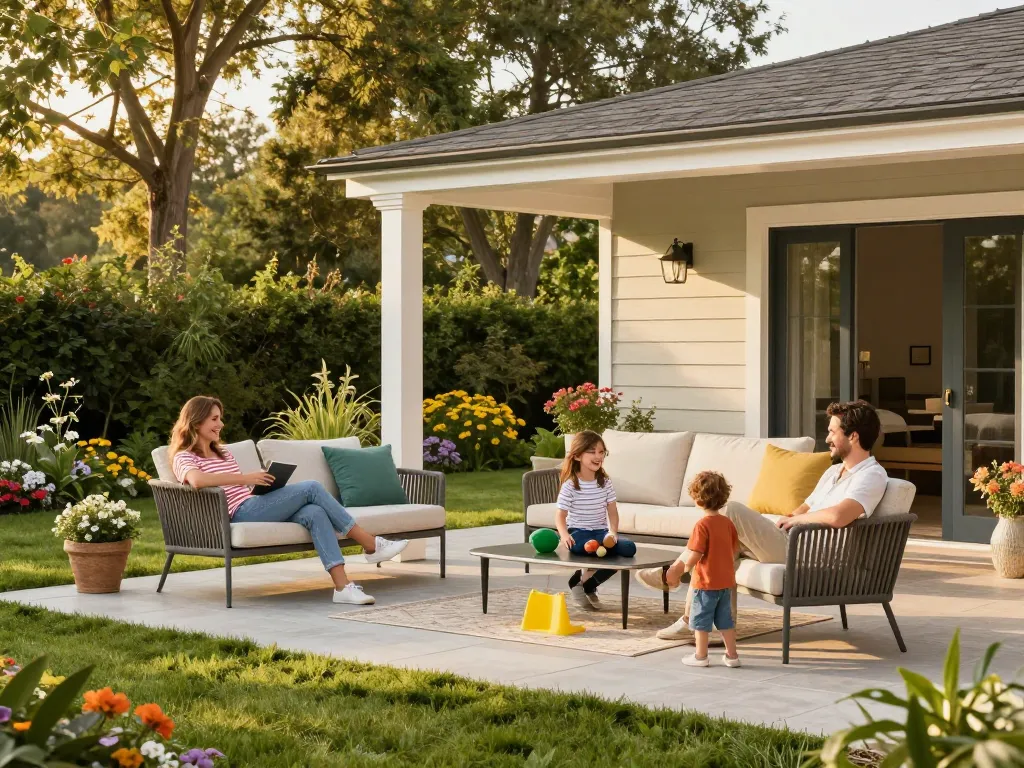 Veranda configurator showcasing a family enjoying a customizable outdoor space with vibrant garden elements.