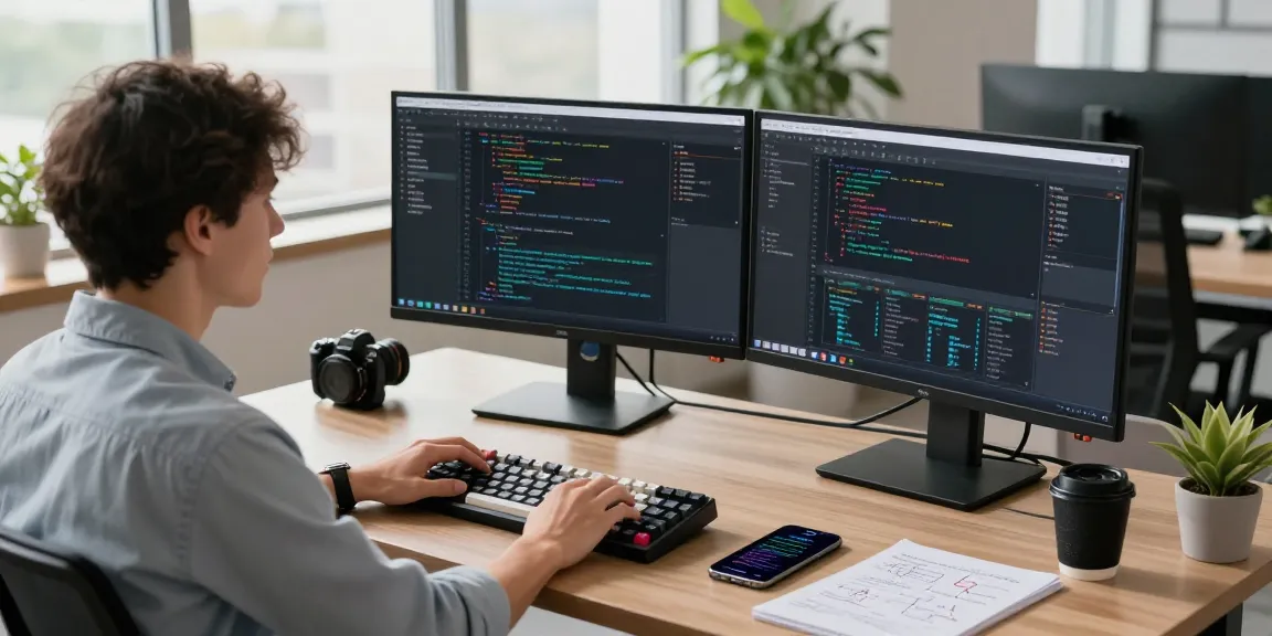 Innovative workspace for ia +18 software development, showcasing coding screens and modern design.