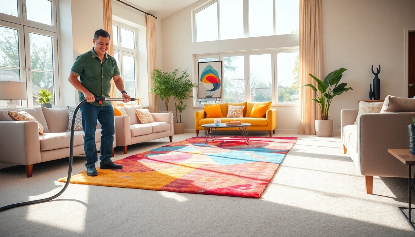Experience top-notch carpet cleaning in Glasgow with a professional at work in a stylish living room.