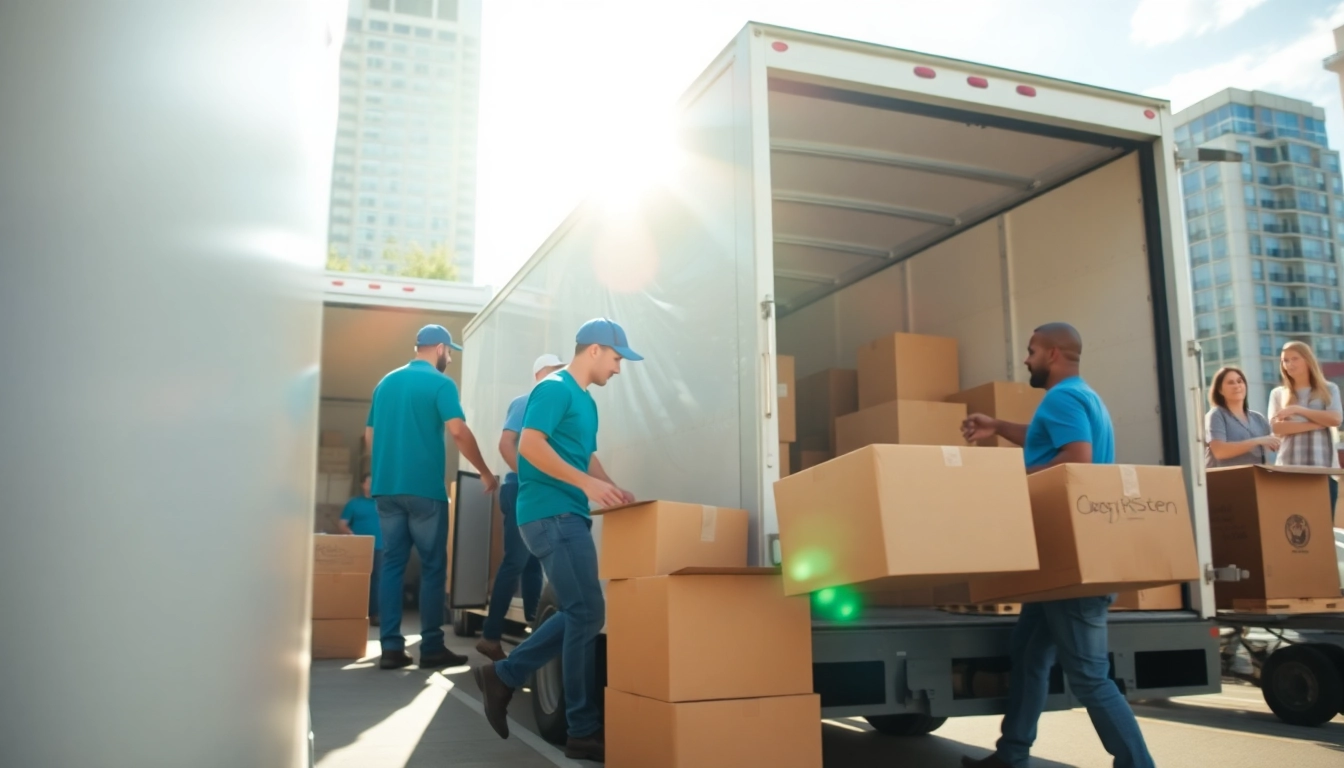 Moving companies calgary team efficiently handling moving tasks with a truck in a vibrant urban setting.