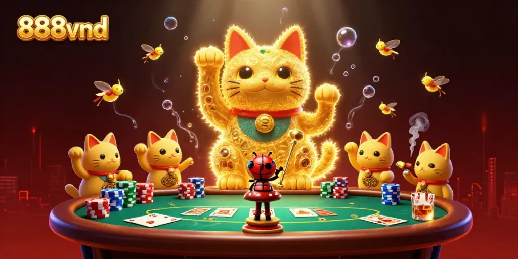 Experience the excitement of 888vnd with a lucky cat made of fireflies amidst casino action.