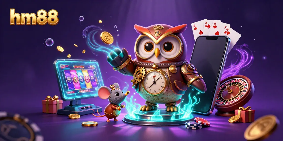 Engage with the vibrant world of hm88 as the steampunk owl and mouse explore dynamic casino elements.
