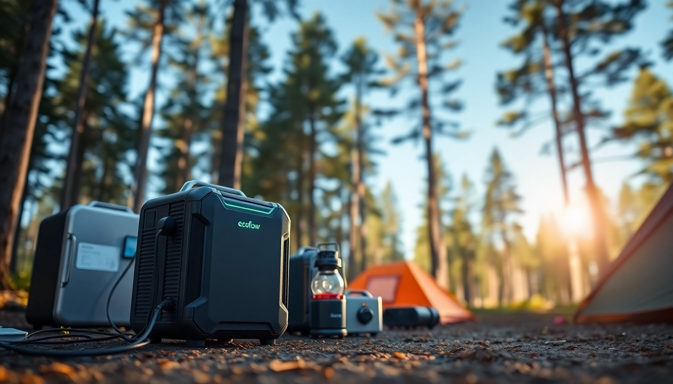 EcoFlow portable power station powering camping appliances in a serene outdoor setting.