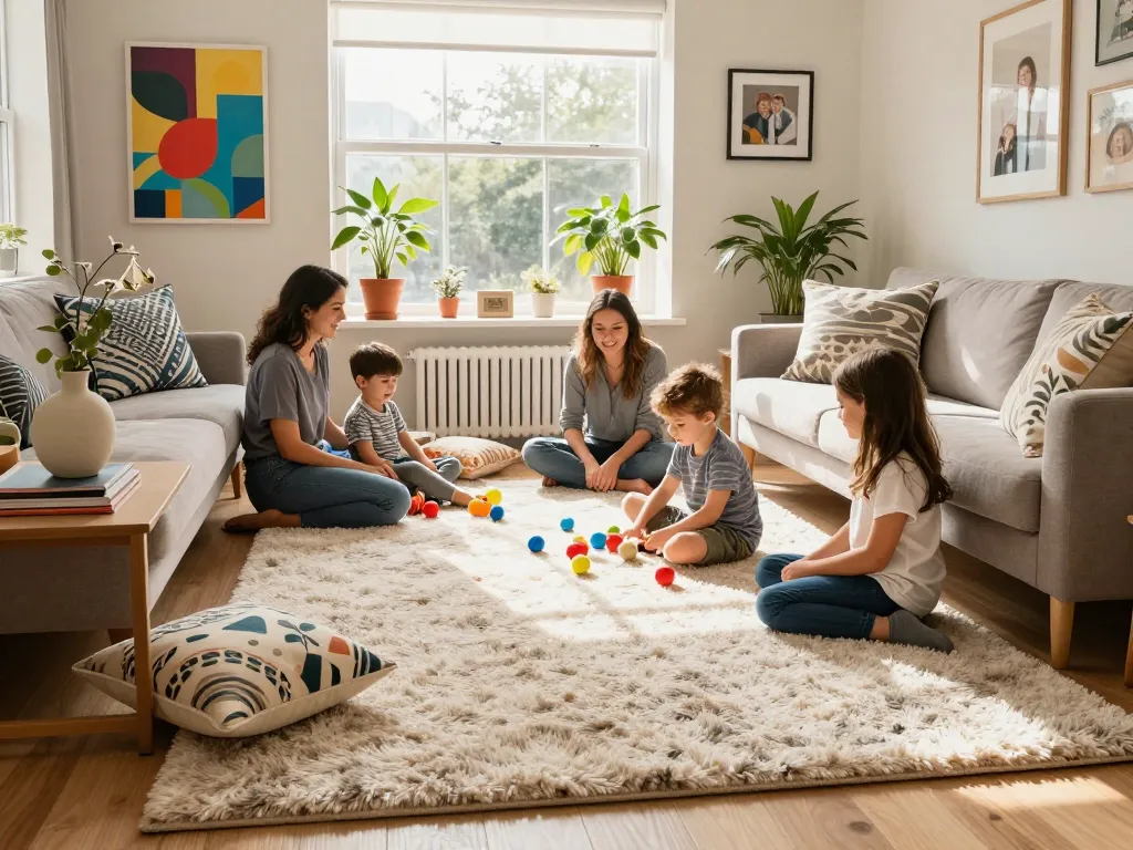 Affordable carpets London featured in a cozy living room with family, showcasing stylish decor and warm ambiance.