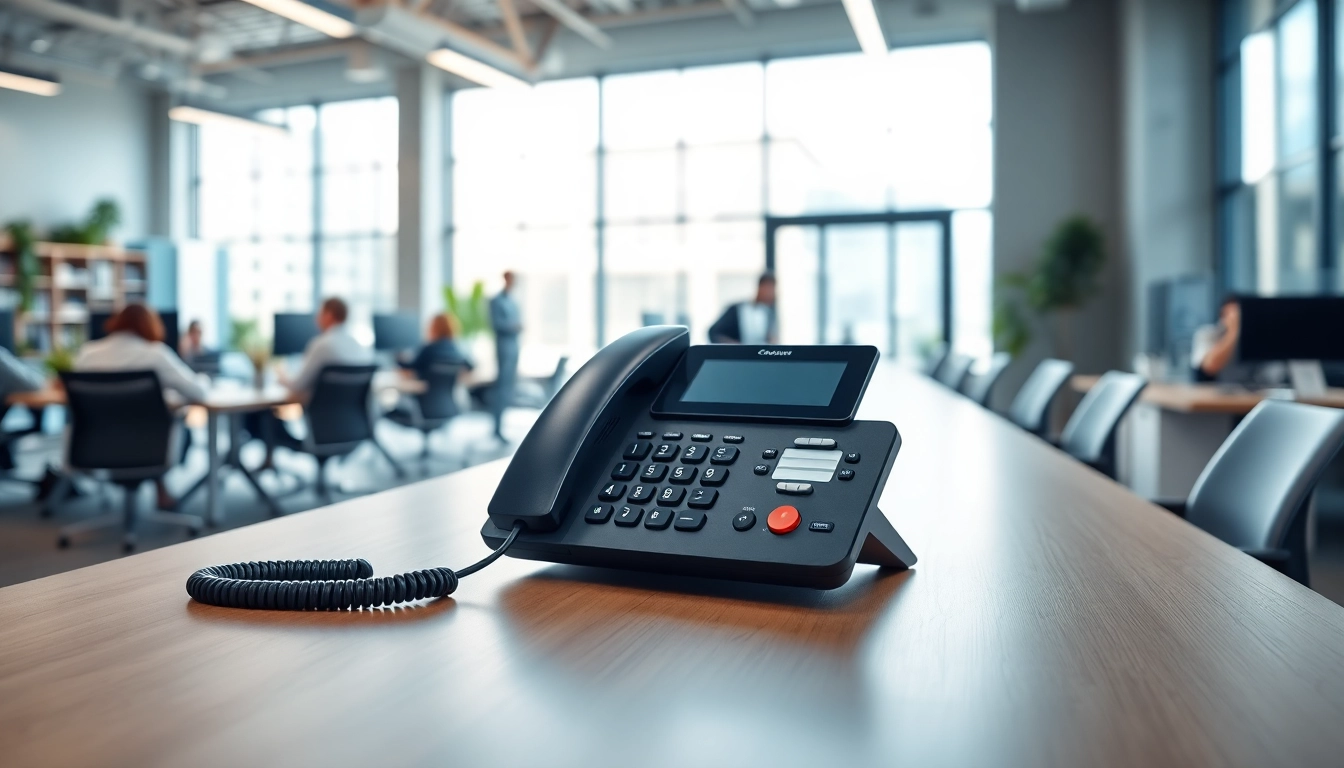 Engaged user utilizing a business phone in a modern office setup to enhance communication.