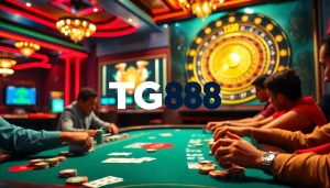 A lively poker game at TG88 casino with vibrant chips and cards on a stunning table.