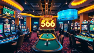 Experience the excitement of online gambling at https://566.jpn.com/ with a luxurious, modern casino setting featuring dynamic gaming stations and engaging players.