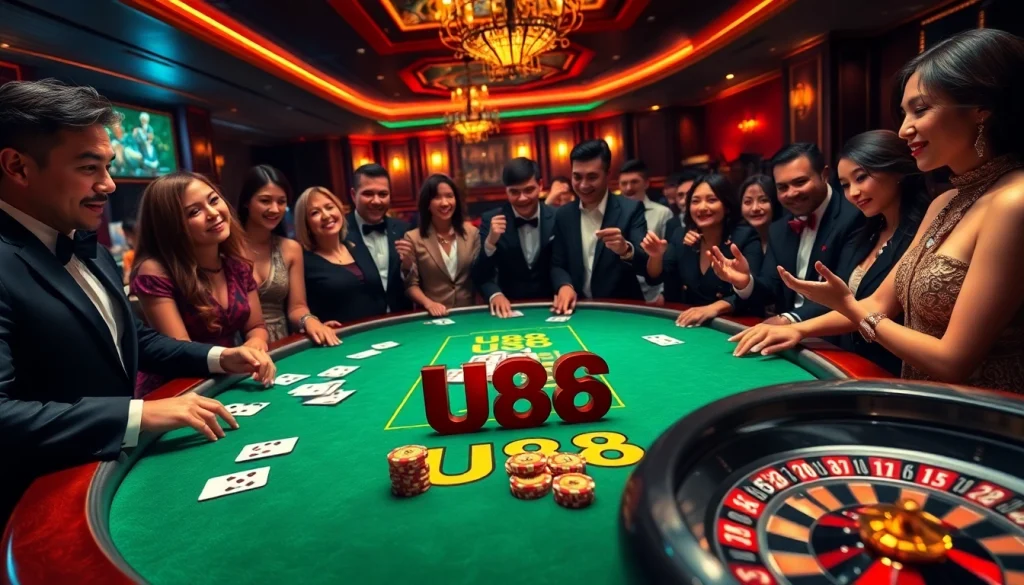 Experience excitement at the U88 casino table featuring vibrant poker chips and cards.