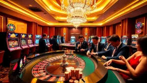 Engaging gamblers at a luxurious casino with roulette, slots, and poker showcasing https://luck8.bid/ excitement.