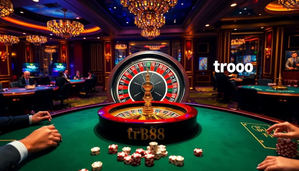 Engaging casino gameplay with tr88 branding, showcasing roulette and poker action.