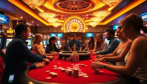 Experience the excitement of 888vi with players at a high-stakes poker table in a luxurious casino setting.