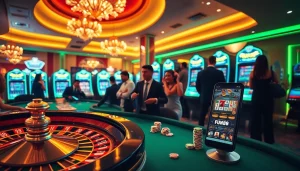 Experience the excitement of Fun88 with players engaging in roulette and slot games in a vibrant casino environment.