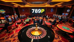 Excited gamblers enjoying games at 789P casino with vibrant roulette and slot machines.