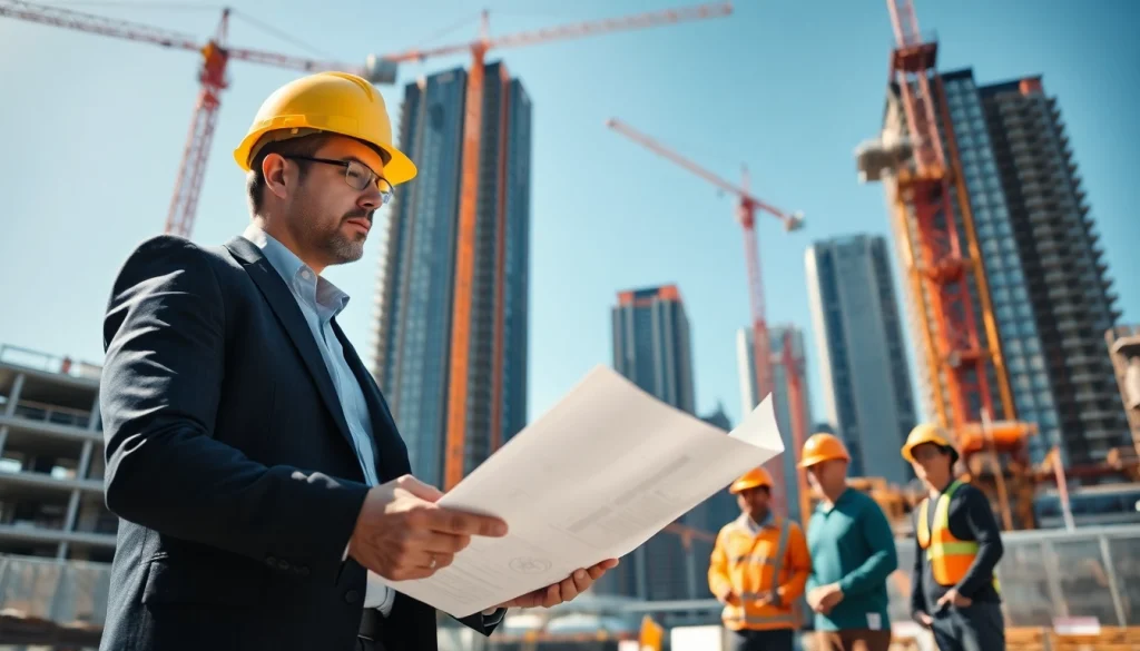 Manhattan Construction Manager reviewing plans at a New York construction site with bustling activity.
