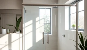 Showcasing sliding shower doors with elegant glass design and chrome fittings.
