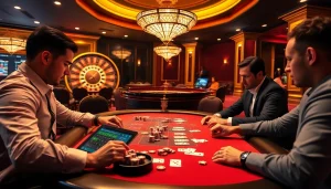 Players engaging in a thrilling poker game with NK88-themed elements, showcasing vibrant chips and cards.