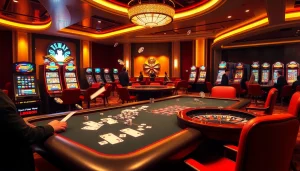 A vibrant online casino scene capturing excitement at gaming tables on https://lixi88.run/ with poker chips and roulette wheels.