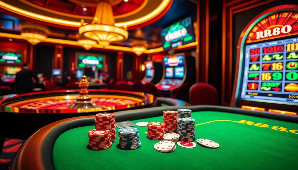 Experience the excitement of RR88 with vibrant casino visuals featuring roulette, poker, and slot action.