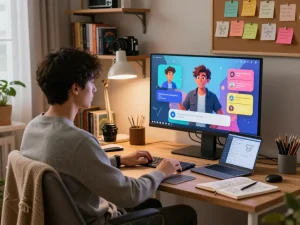 User engaging in a cozy home office with vibrant AI character chat on screen, exploring crush on ai.