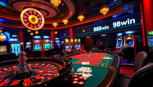 Experience the excitement of 98win at a luxury casino with engaging poker and roulette games.