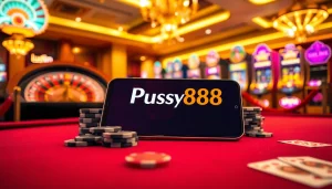 Pussy888 mobile app shown on a casino table amid vibrant gambling elements.