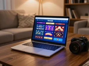 Engaging with Sonclub's online gaming interface from a cozy home setup, emphasizing responsible gambling.