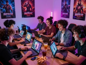 Group of friends enjoying diverse porn games in a lively gaming room, surrounded by snacks and colorful lights.
