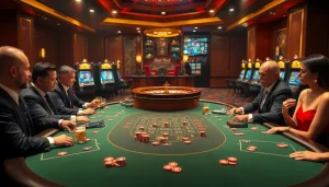 Experience the thrill of gambling at 3win's luxurious casino with poker tables and vibrant gaming.