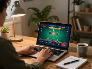SHBET online gaming at home, focusing on strategy during a live dealer blackjack game.