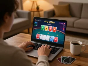 Engaging online gambling session at ATQ af88 on a laptop with a cozy atmosphere.