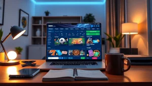 Online betting landscape featuring Nhà cái RR99's user-friendly interface on a modern laptop.