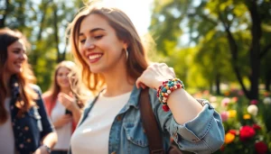 Modisches Stoffarmband für Damen, getragen von einer Frau in einem sonnigen Park, das Stil und Lebendigkeit zeigt.